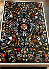Luxury Black Marble Table Top – Semi-Precious Inlay Pietra Dura Art for Dining Room Unique Handicrafts IND